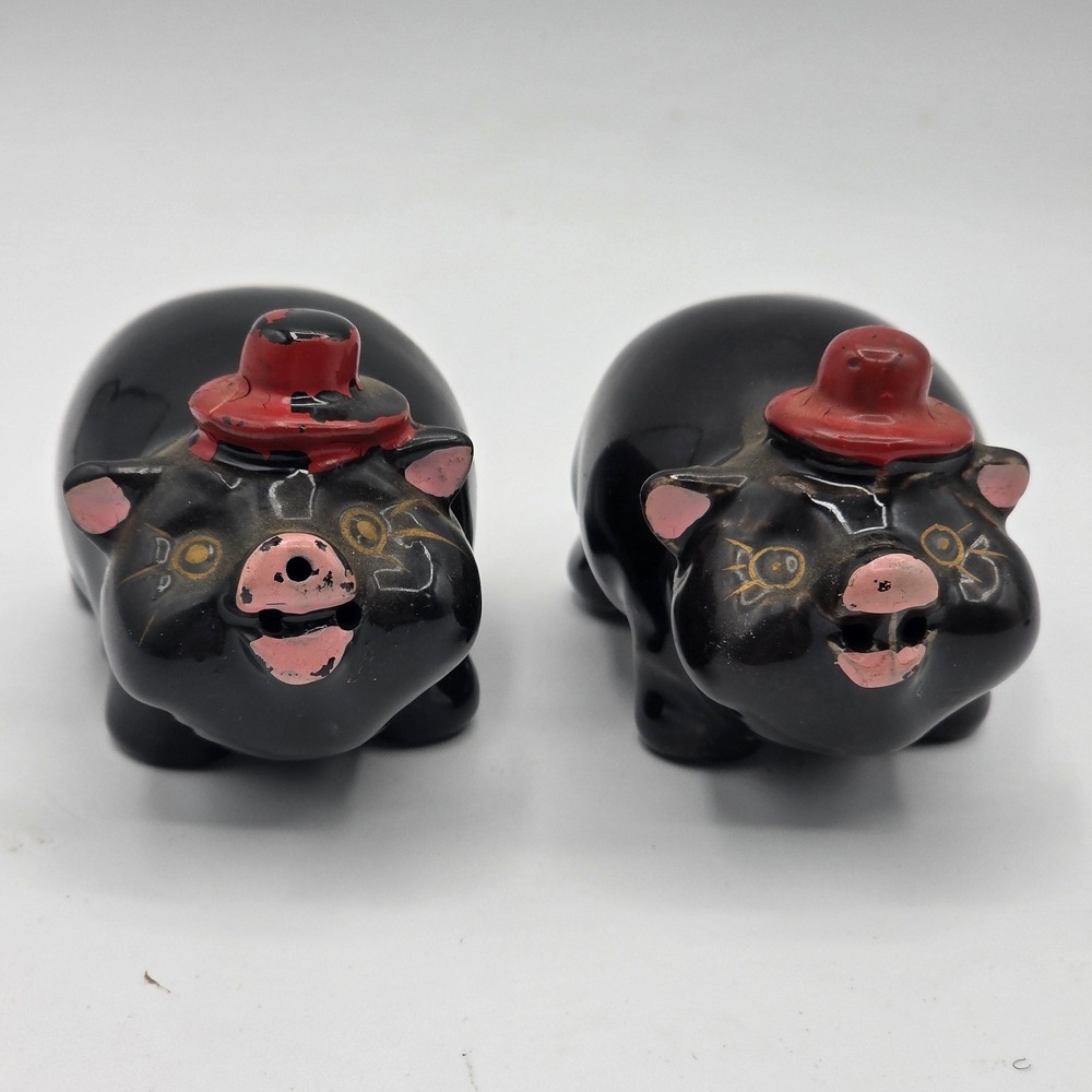 Vintage Ceramic Pig Salt Pepper Shakers Pair Black Red Hats Made in Japan Kitsch